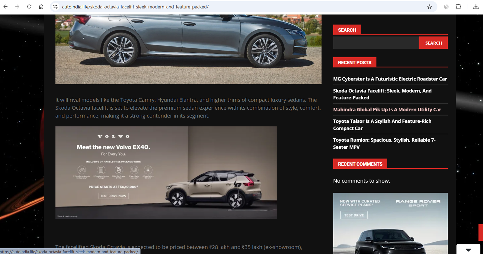 Volvo EX40 rich-media masthead running live on an automotive publisher page