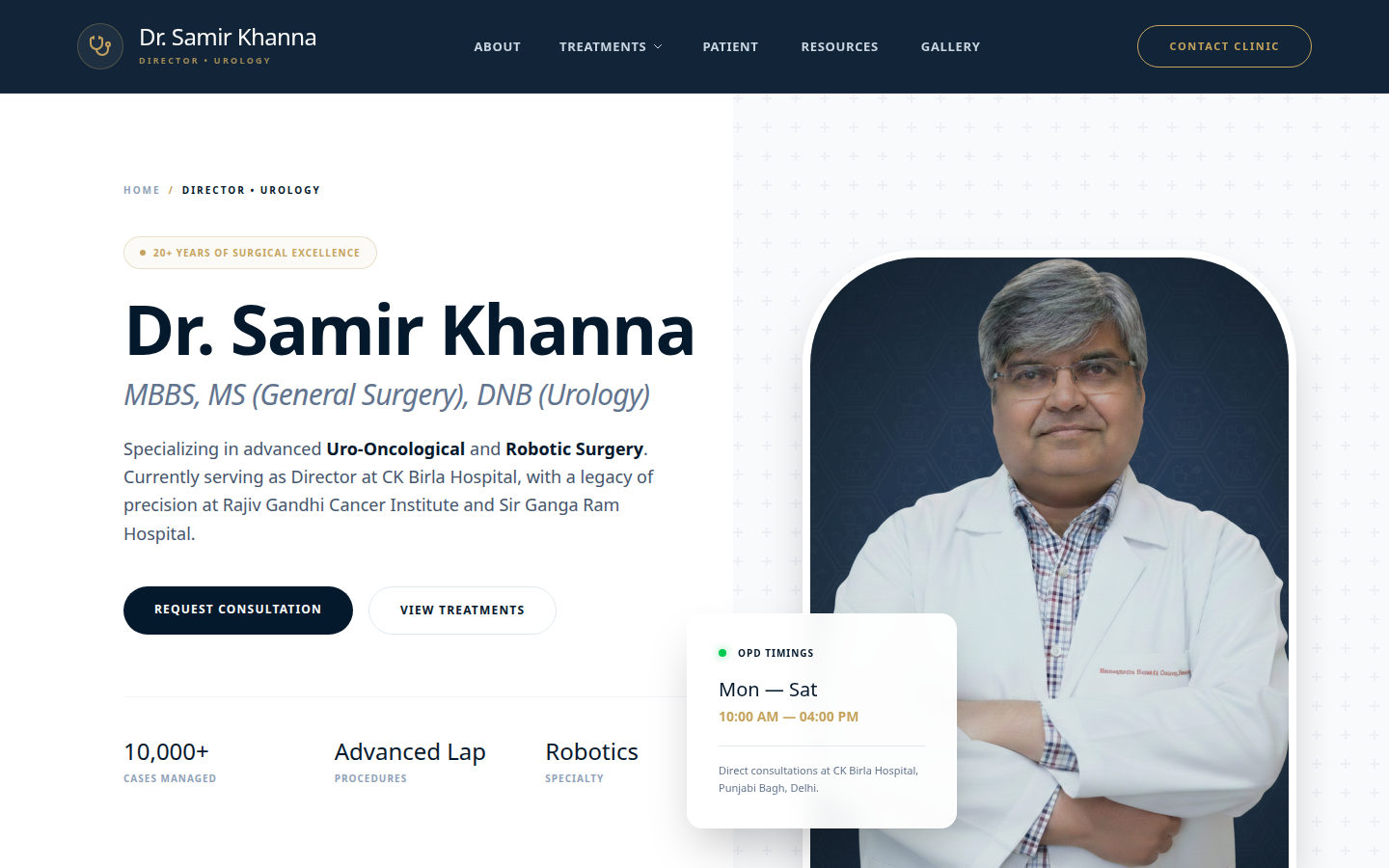 drsamirkhanna.com homepage — hero, credentials, OPD timings and treatment navigation